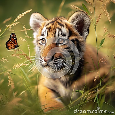 young tiger cub watching a butterfly Stock Photo