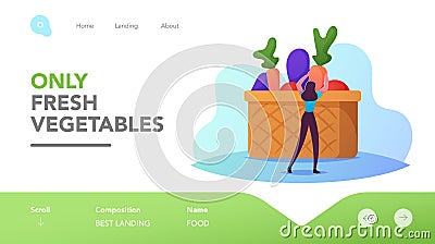 Young Tiny Female Character Stand at Huge Basket with Vegetables Landing Page Template. Vegan Food, Healthy Lifestyle Vector Illustration