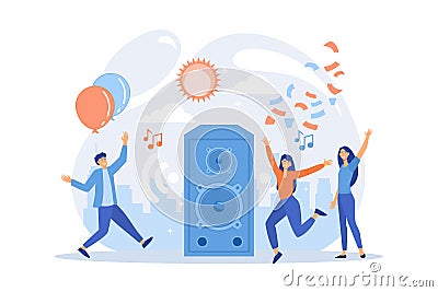 Young tiny people listening to music and dancing in city park at summer party. Open air party, open air event, outdoor dance event Vector Illustration