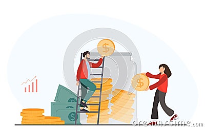 Young tiny woman and man saving money, investing money, family budget concept Vector Illustration