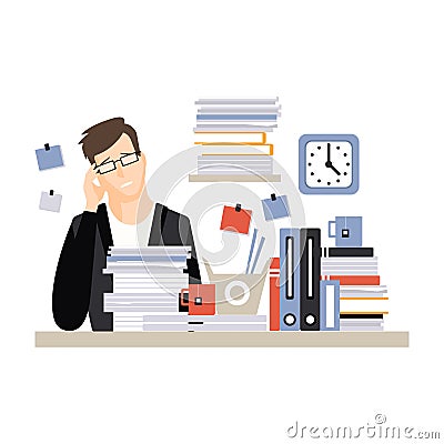 Young tired businessman character sitting at the desk having a lot of work with documents, daily life of office employee Vector Illustration