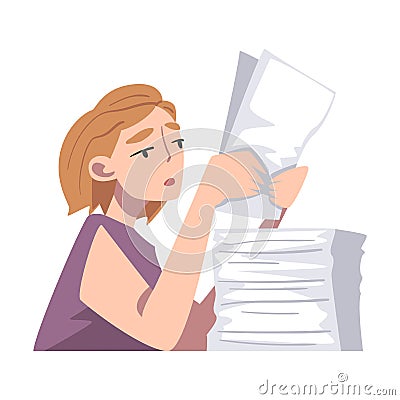 Young Tired Female Sitting at Table with Pile of Papers Vector Illustration Vector Illustration