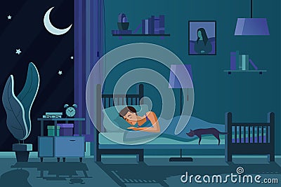 Young tired man sleeping in bed covered with quilt. Student male sleep at night in dark bedroom interior cartoon flat Vector Illustration