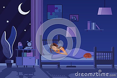 Young tired woman sleeping in bed covered with quilt. Student female sleep at night in dark bedroom interior cartoon Vector Illustration