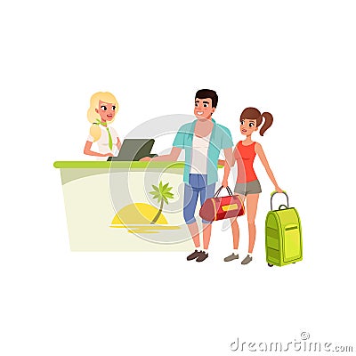 Young tourist couple at hotel reception desk with smiling receptionist, people traveling together during summer vacation Vector Illustration