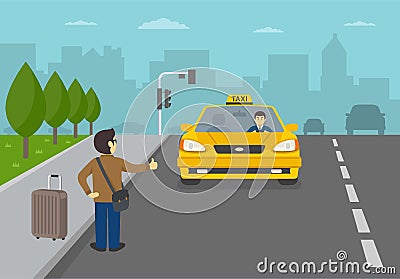 Young tourist man with luggage calling taxicab. Catching on the city street. Vector Illustration