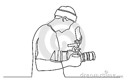 Young tourist man photographer with a camera takes pictures. One line drawing isolated vector object by hand on a white background Stock Photo