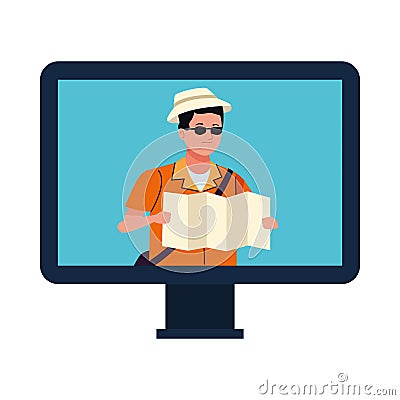 Young tourist man reading map in desktop Vector Illustration