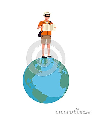 Young tourist man reading map in earth planet character Vector Illustration