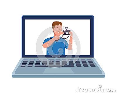 Young tourist man using camera photographic in laptop Vector Illustration