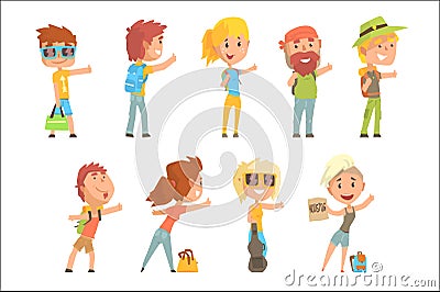 Young tourist people wearing comfy travel outfit standing with a sign hitchhiking, travelling by autostop cartoon vector Vector Illustration