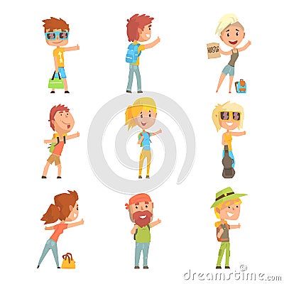 Young tourist people wearing comfy travel outfit standing Vector Illustration