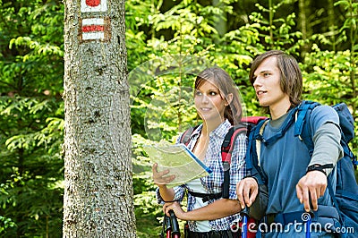 Young tourists checking the map and blaze Stock Photo