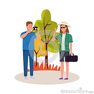 Young tourists couple with camera characters Vector Illustration