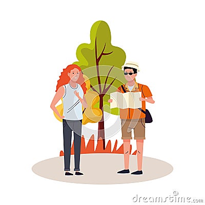 Young tourists couple with paper map characters Vector Illustration