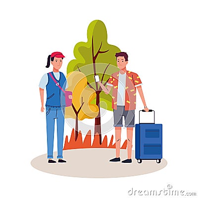 Young tourists couple with suitcase characters Vector Illustration