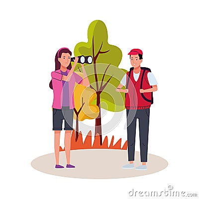 Young tourists couple using binoculars characters Vector Illustration