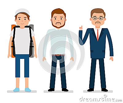 The young traveler, a clerk and businessman. White background. Vector Illustration