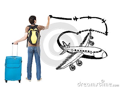 Young traveler drawing airplane Stock Photo