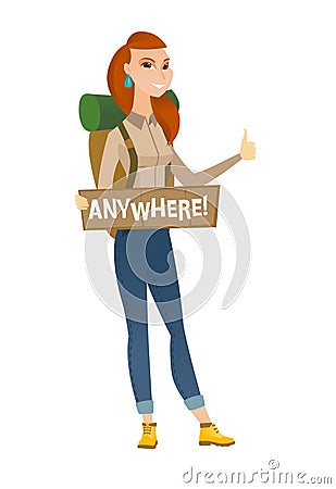 Young traveler hitchhiking vector illustration. Vector Illustration