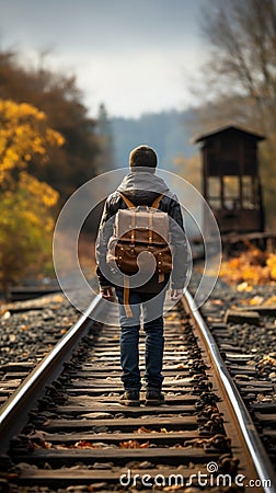 The young traveler, suitcase in hand, ventures down the picturesque railroad Stock Photo