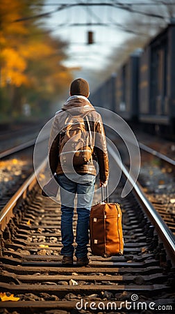 The young traveler, suitcase in hand, ventures down the picturesque railroad Stock Photo