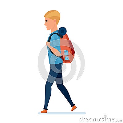 Young traveler takes walk, with backpack behind him, active rest. Vector Illustration