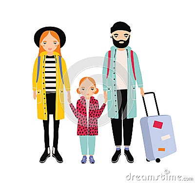 Young traveling family of mother, father and daughter. Mom, dad and child girl tourists with backpacks and suitcase Vector Illustration