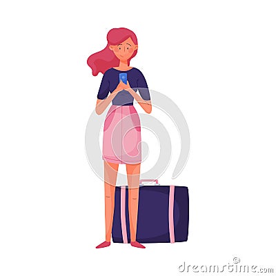 Young Traveling Woman Standing Beside Her Luggage and Holding Mobile Phone Vector Illustration Vector Illustration