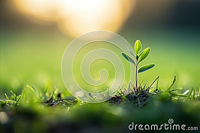 Young tree blooming in green grass meadow on easter sunrise background with copy space Stock Photo