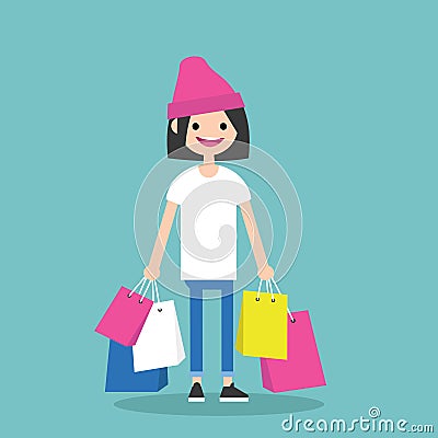 Young trendy girl holding shopping bags Cartoon Illustration