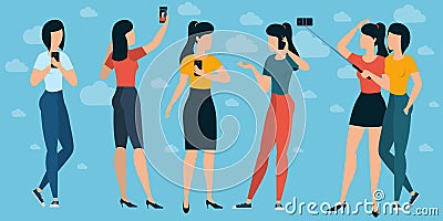 Young trendy people with mobile phones Vector Illustration