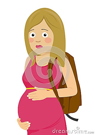 Young unhappy pregnant student with college backpack touching her belly Vector Illustration