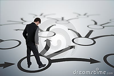 Young unsure man is making decision. Strategy and choice concept Stock Photo