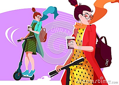 Young urban girl with a mug of coffee with one hand drives a scooter Vector Illustration