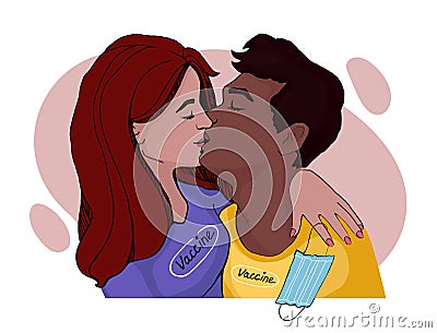 A young vaccinated couple kisses while removing protective masks. Cartoon Illustration