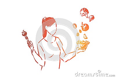 Young vegan holding fork with tomato and salad bowl, vitamin diet, faceless woman eating organic nutrient meal Vector Illustration