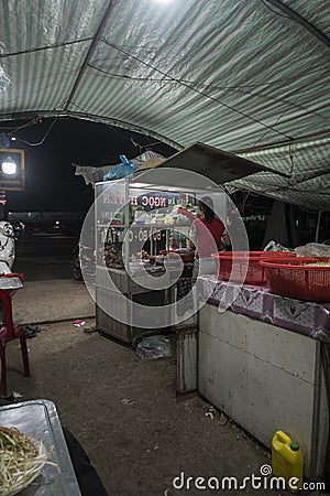 Young Vietnamese girl works in the evening at a road restaurant in the south of Vietnam Editorial Stock Photo