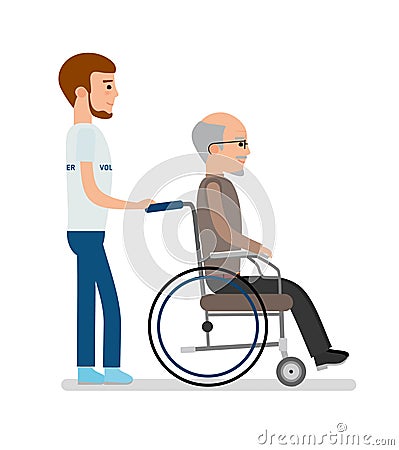 A young volunteer carries an elderly man on a wheelchair. Vector Illustration