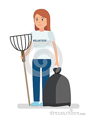 Young volunteer girl collects garbage. Vector Illustration