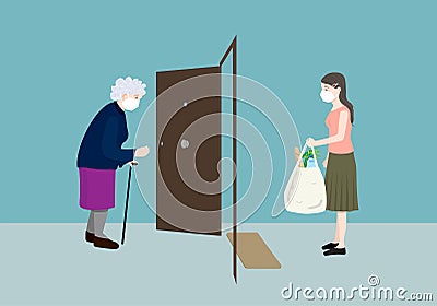 Young volunteer woman delivering grocery supply to an elderly woman in the outbreak Vector Illustration