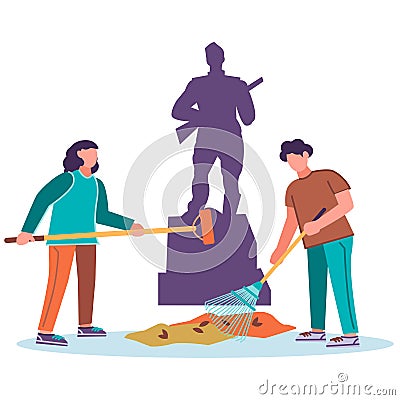 young volunteers cleaning the land and the park from the leaves Vector Illustration