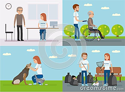 A young volunteers. Social projects to help people. Vector Illustration