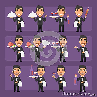 Young waiter in black suit in different poses and emotions Pack 2. Big character set Vector Illustration