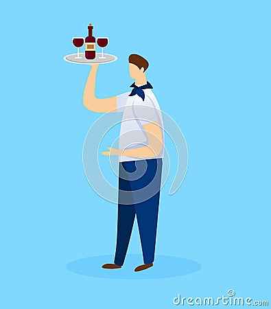 Young Waiter Carrying Tray with Bottle of Red Vine Vector Illustration