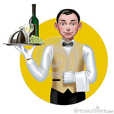 Young waiter with a tray in a yellow circle Vector Illustration