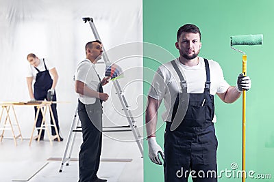 Young wall painter posing with a roller on a green wall background, a decorator choosing colors and a carpenter cutting in blurry Stock Photo