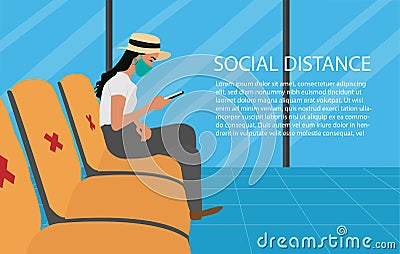 A young wearing face mask and sitting on chair with social distance Vector Illustration