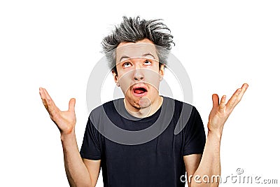 Young white caucasian guy long grey hair shrug his shoulders and looking up on a white isolated background Stock Photo