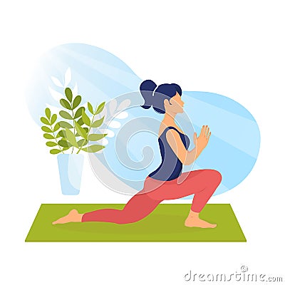 Young white girl doing yoga exercise on mat in home Vector Illustration